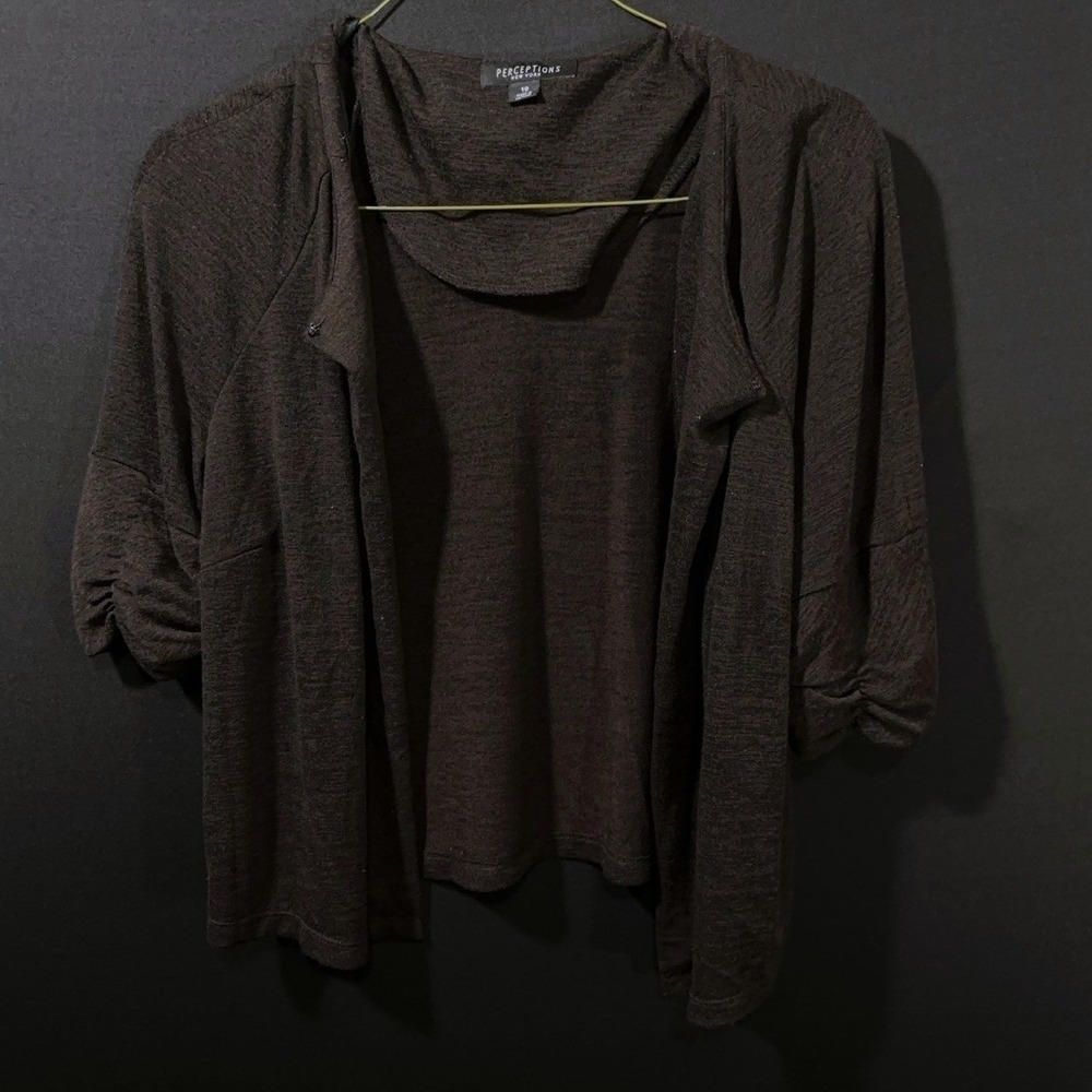 Perceptions Women's Size 18 Brown Open Front Cardigan with Ruched Sleeves